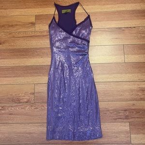 Nicole Miller Purple Sequin Mini Spaghetti Strap V Neck Dress